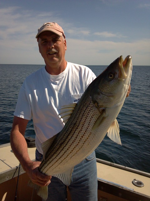Customer holding a giant striper caught from the Beth Ann in Provincetown