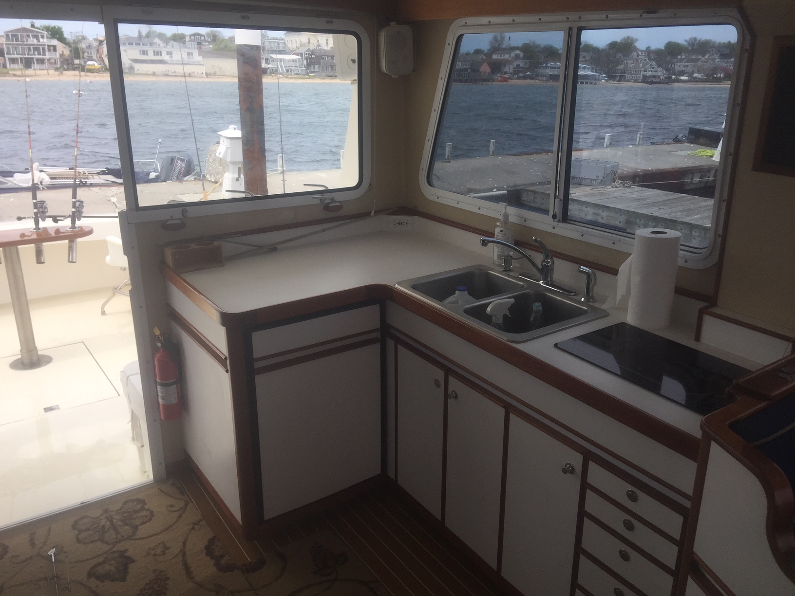 The galley inside the Beth Ann looking out towards Provincetown Harbor