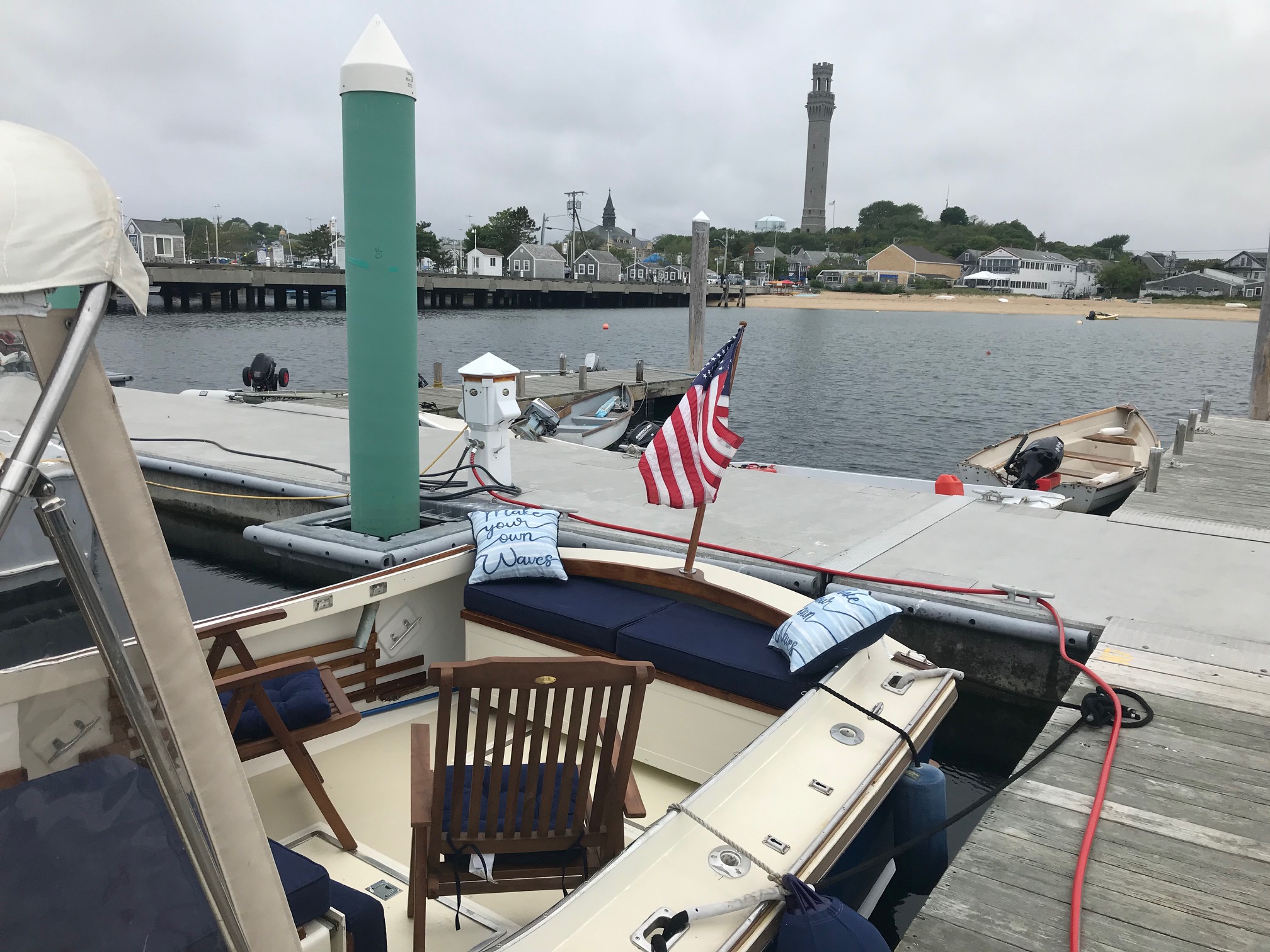 Looking at the Provincetown Monument from Bethie while docked in Provincetown Harbor